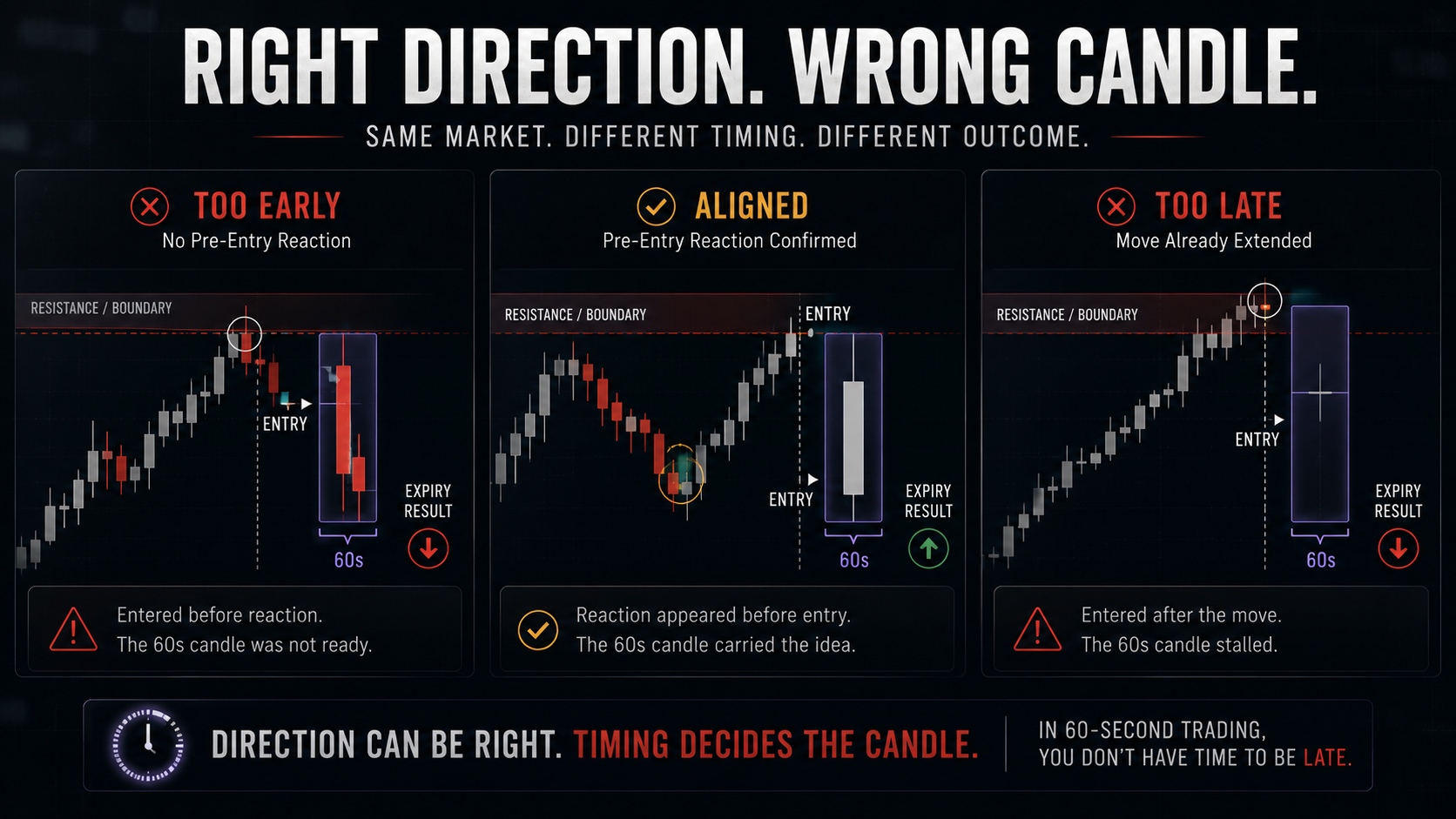 60 second trading strategy timing risk image showing too early, aligned, and too late entries using one 60-second expiry candle.