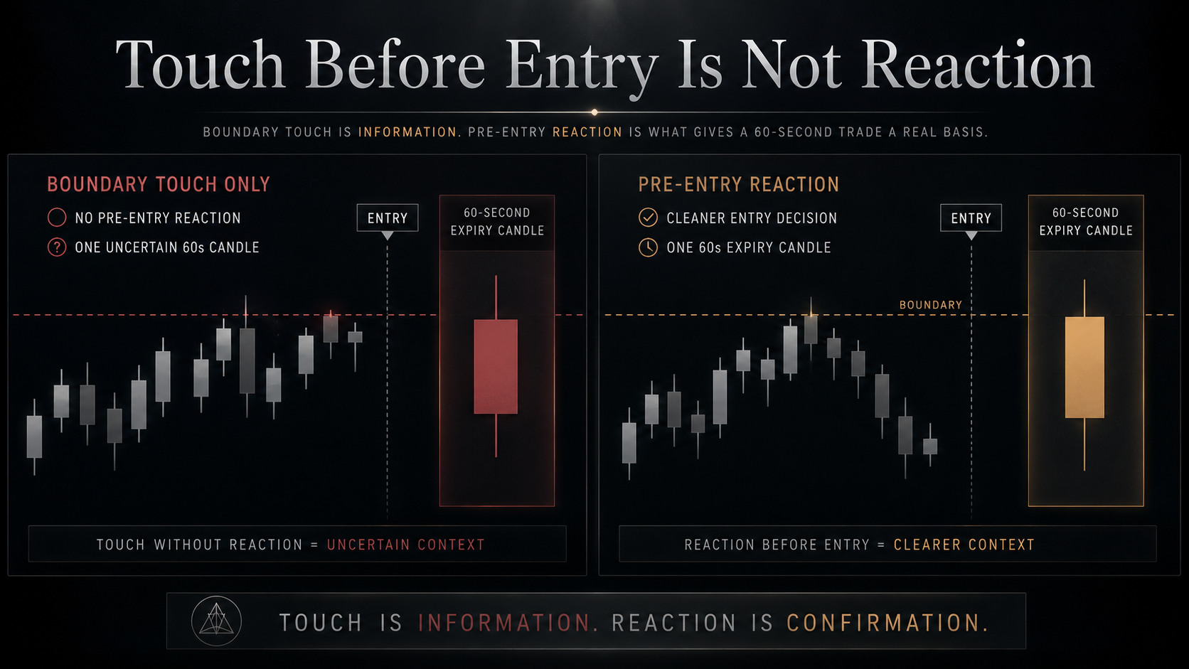 60 second trading strategy diagram showing that a boundary touch before entry is not enough and pre-entry reaction is needed before one expiry candle.