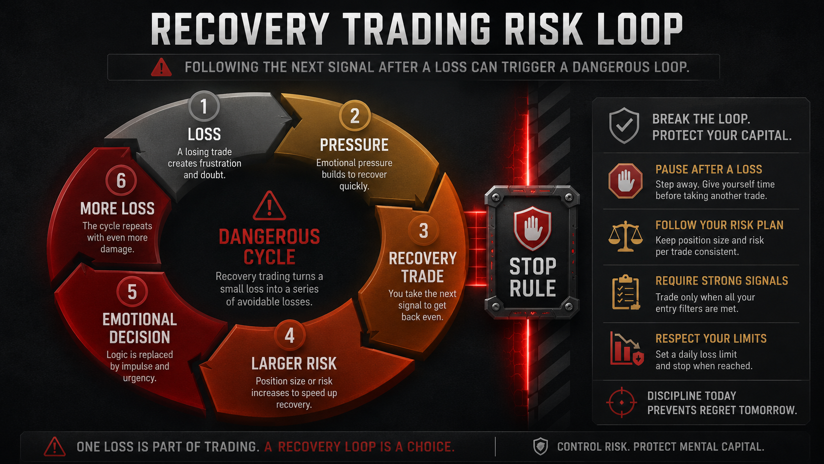 Recovery Trading Risk Loop Binary options trading signals recovery trading loop showing loss, pressure, recovery trade, larger risk, emotional decision, and a stop rule
