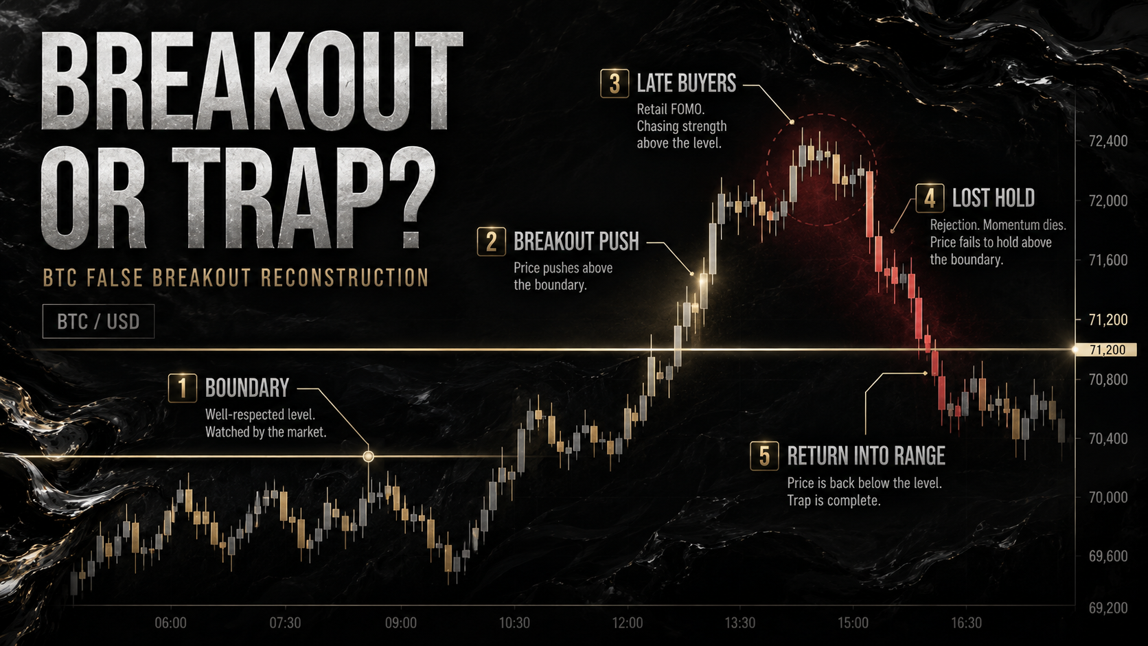 BTC scalping strategy diagram showing a false breakout where price breaks above a boundary, fails to hold, and returns into the range.
