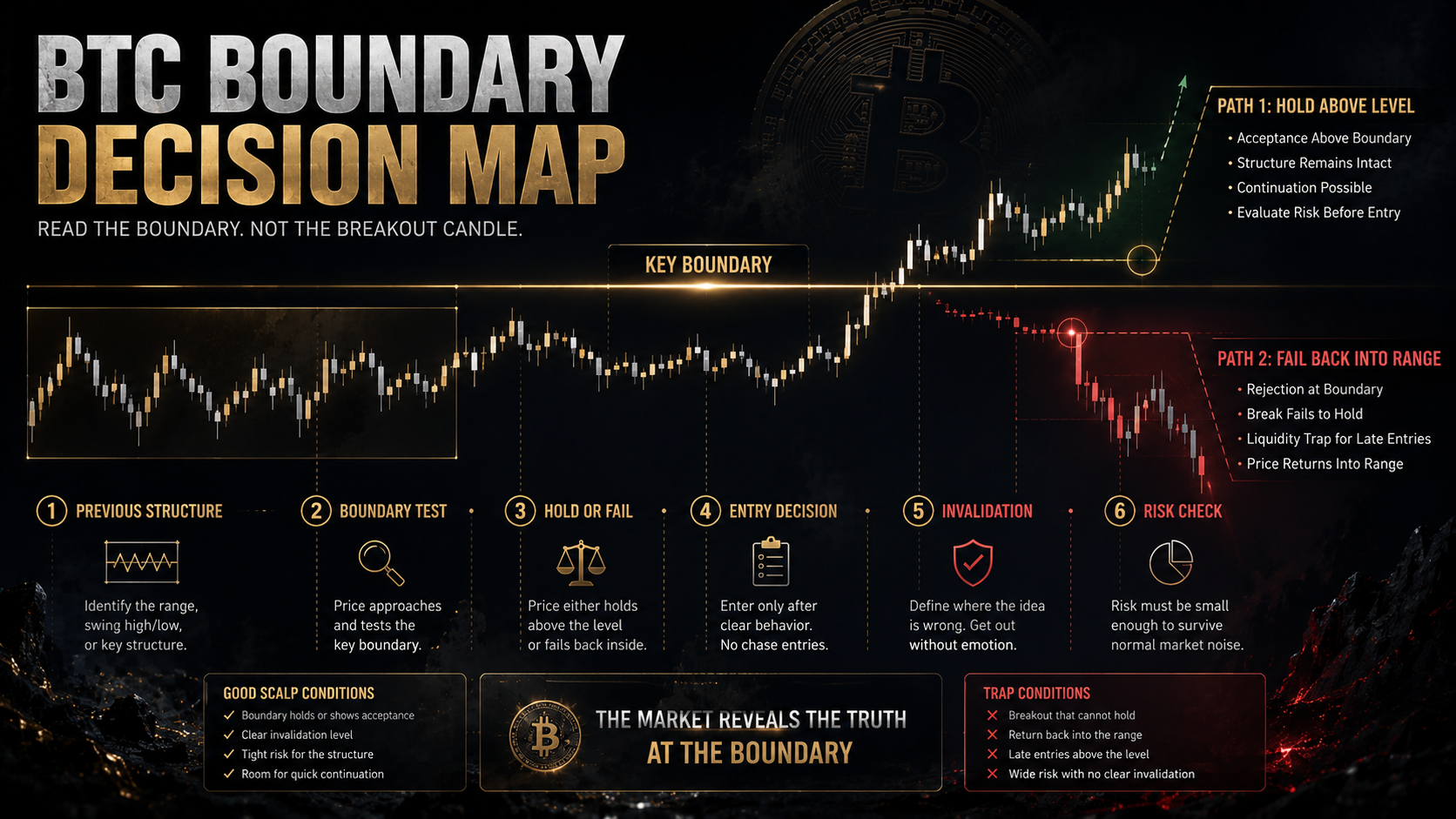 BTC scalping strategy decision map showing previous structure, boundary test, hold or fail reaction, entry decision, invalidation, and risk check.