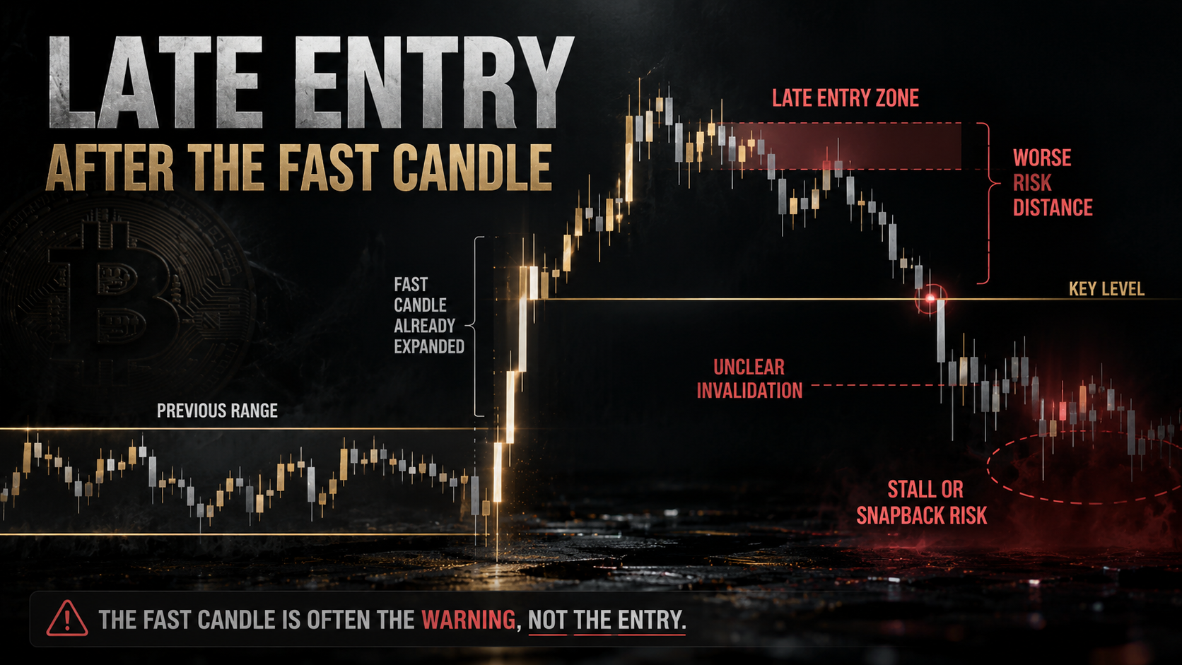 BTC scalping strategy image showing a late entry after a fast candle with worse risk distance and unclear invalidation.