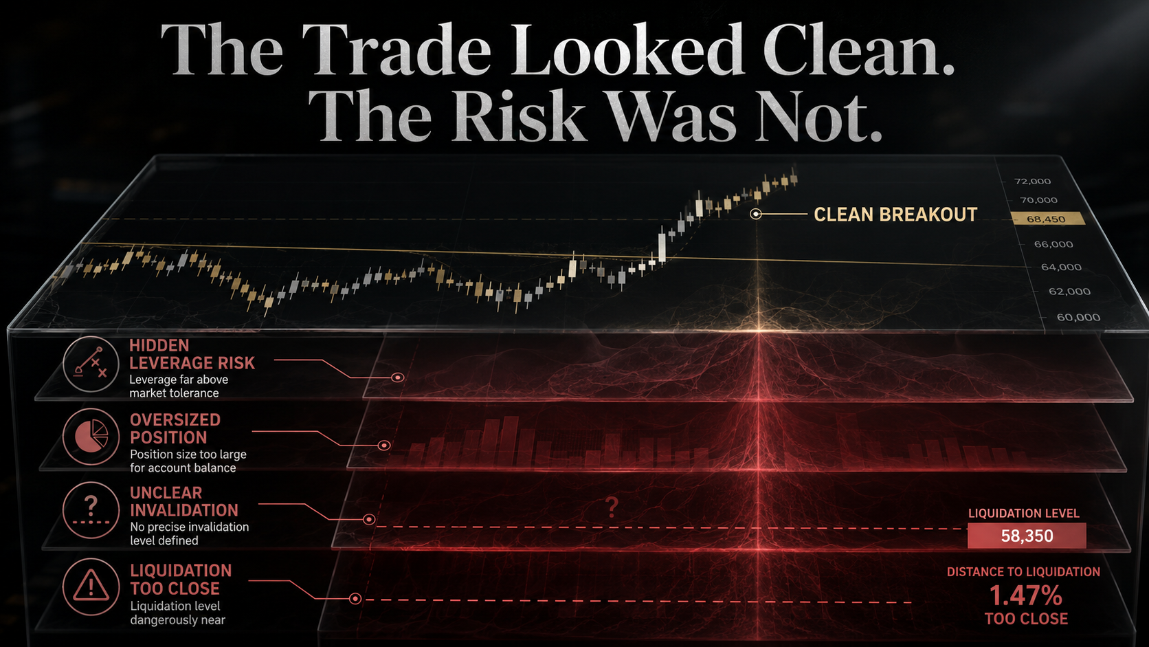 The Trade Looked Clean. The Risk Was Not. Crypto futures trading strategy image showing a clean-looking breakout with hidden risks in leverage, position size, invalidation, and liquidation distance.