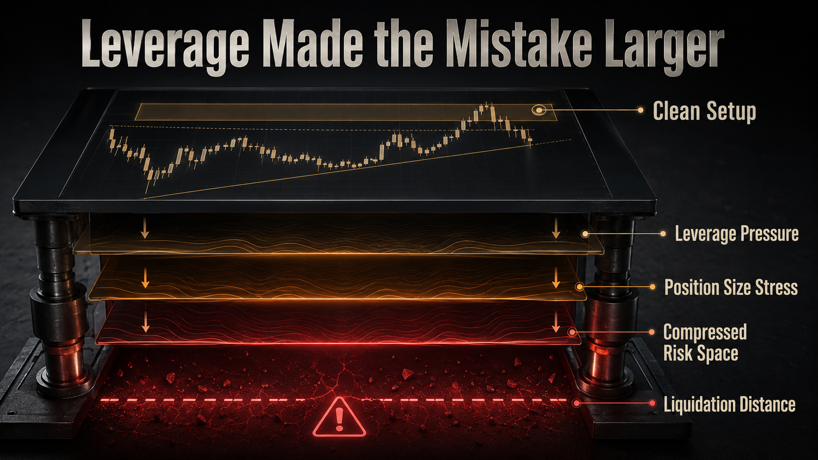Crypto leverage calculator image showing how leverage magnifies poor position size, unclear invalidation, and close liquidation risk.