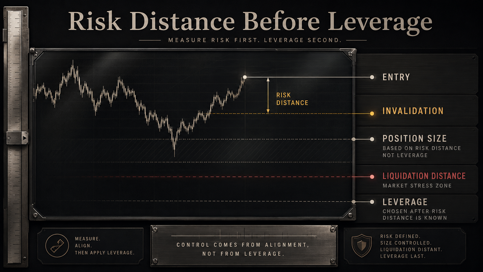 Crypto leverage calculator diagram showing entry, invalidation, risk distance, position size, and leverage before opening a futures trade.