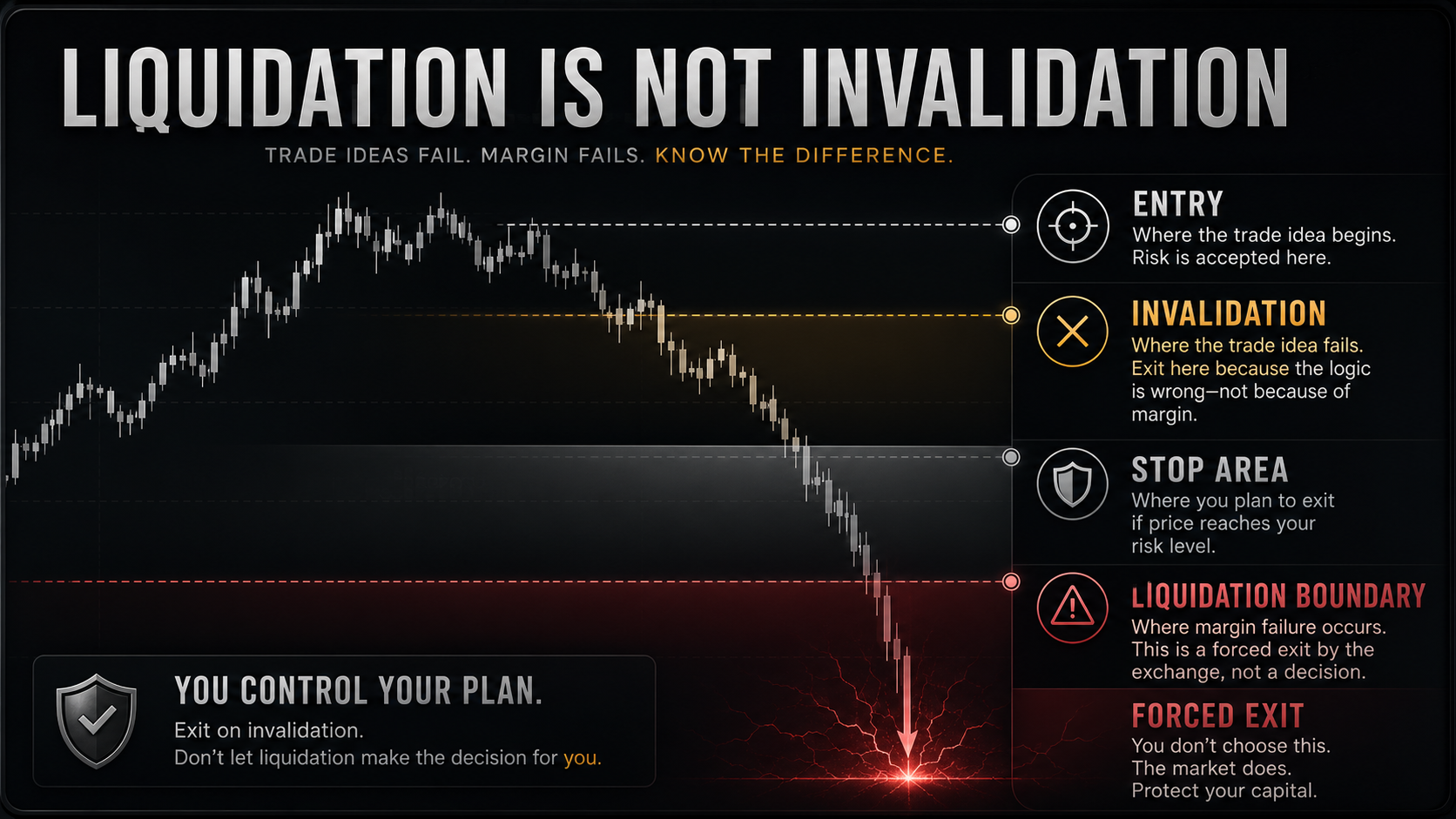 Crypto liquidation calculator diagram showing the difference between invalidation, stop area, and liquidation boundary.