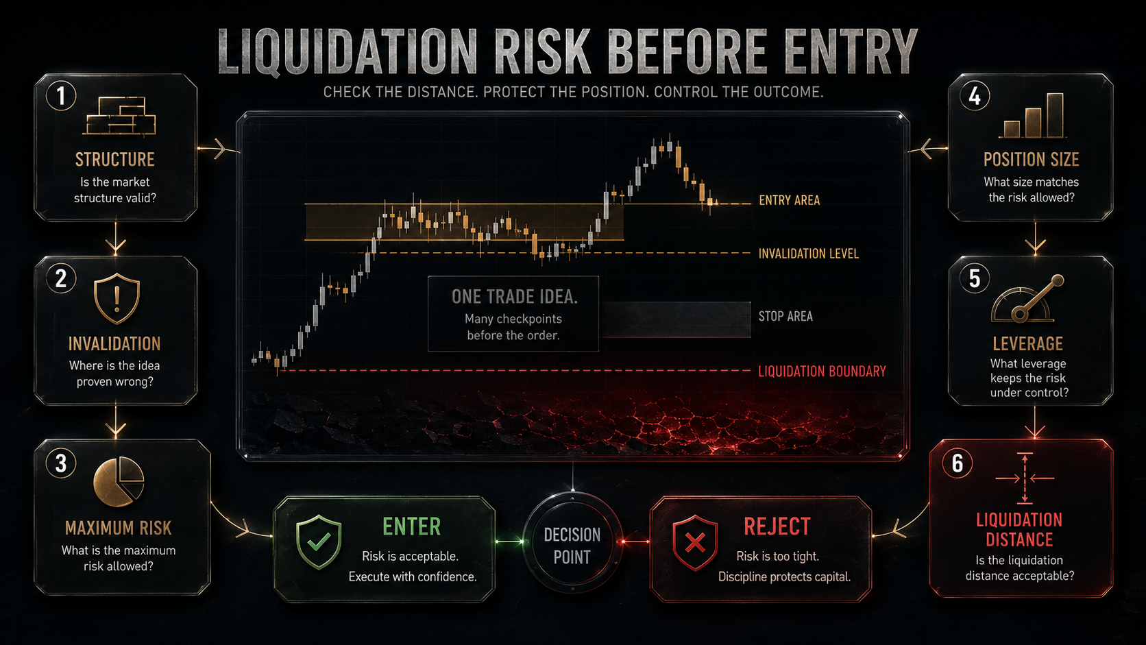 Crypto liquidation calculator decision map showing structure, invalidation, maximum risk, position size, leverage, liquidation distance, and enter or reject decision.