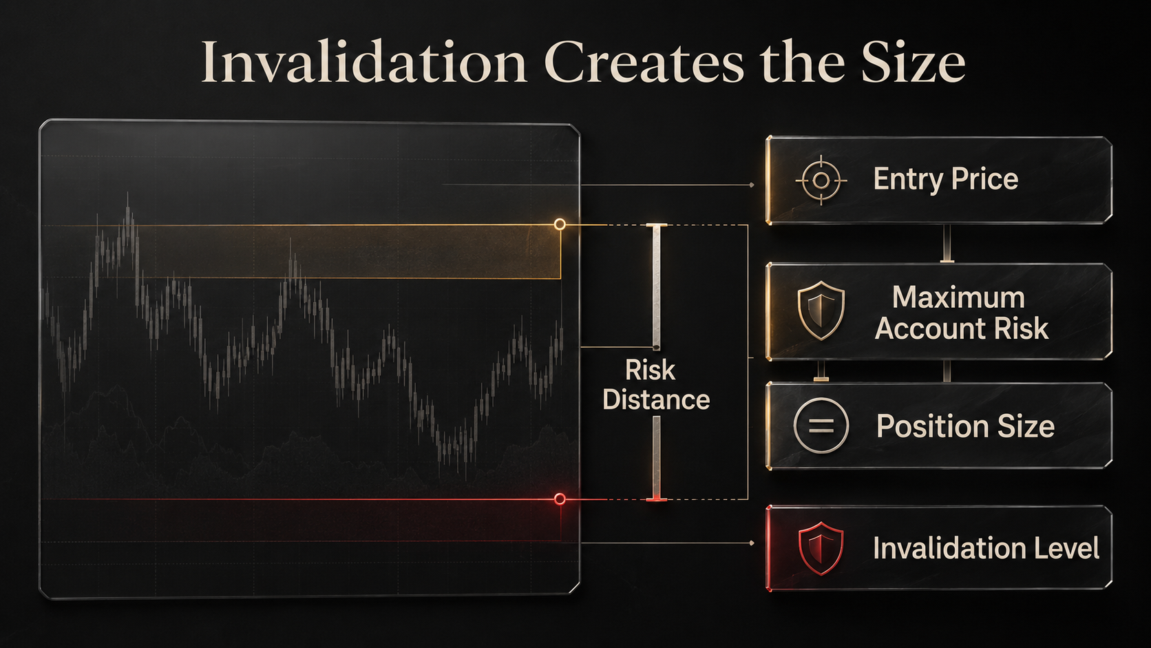 Crypto position size calculator diagram showing entry price, invalidation level, risk distance, maximum loss, and position size.