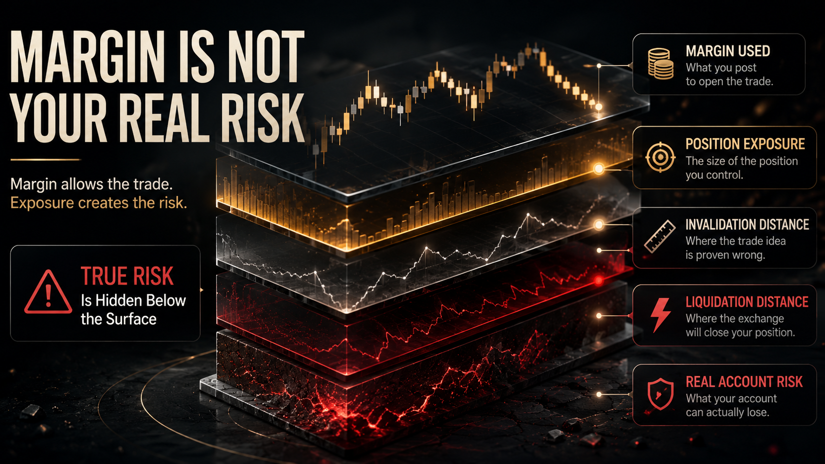 Crypto position size calculator image showing the difference between margin used, position exposure, invalidation distance, and real account risk.