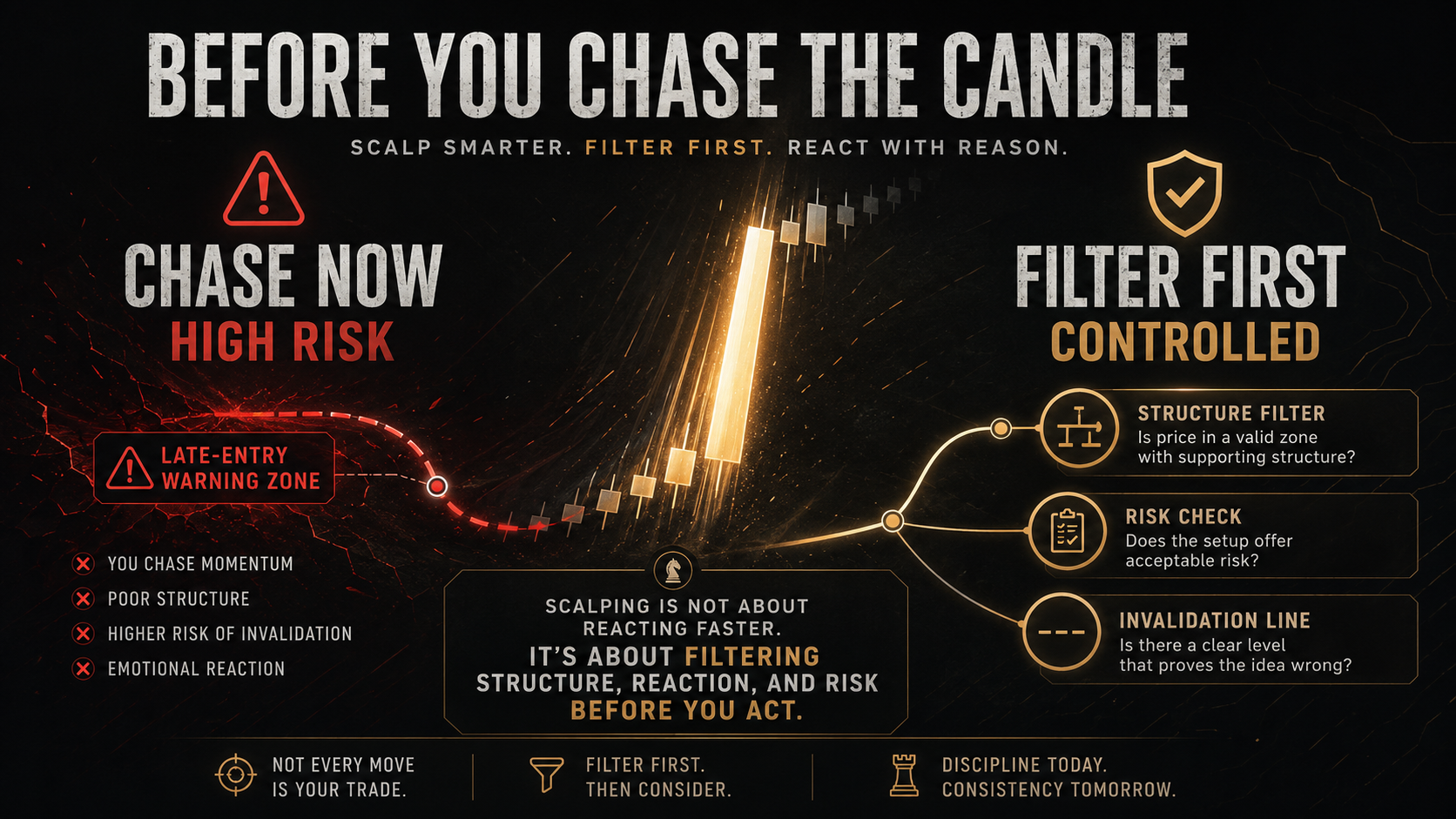 Crypto scalping strategy infographic showing why traders should filter structure, reaction, and risk before chasing a fast candle.