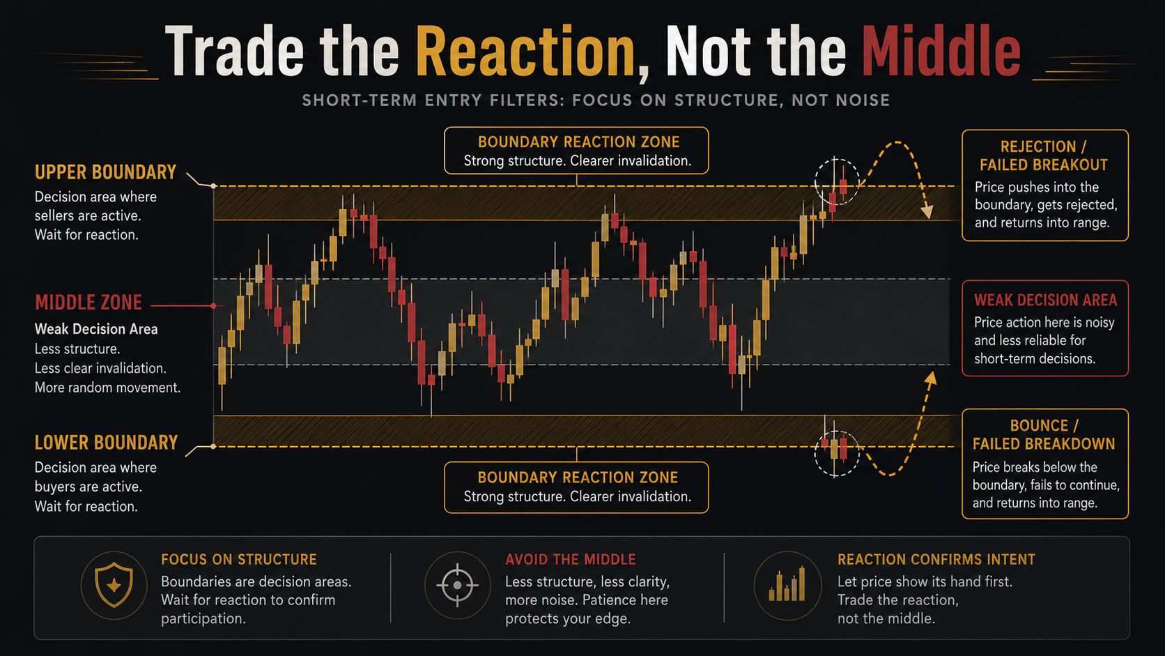 Crypto scalping strategy chart showing upper and lower boundary reaction zones, bounce and rejection possibilities, and a weaker middle decision area.
