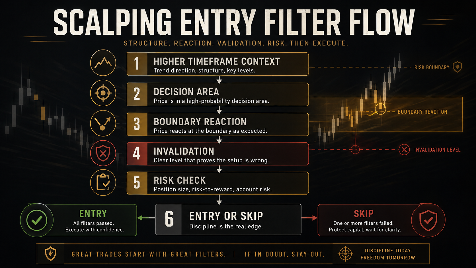 Crypto scalping strategy flowchart showing higher timeframe context, decision area, boundary reaction, invalidation, risk check, and entry or skip decision.