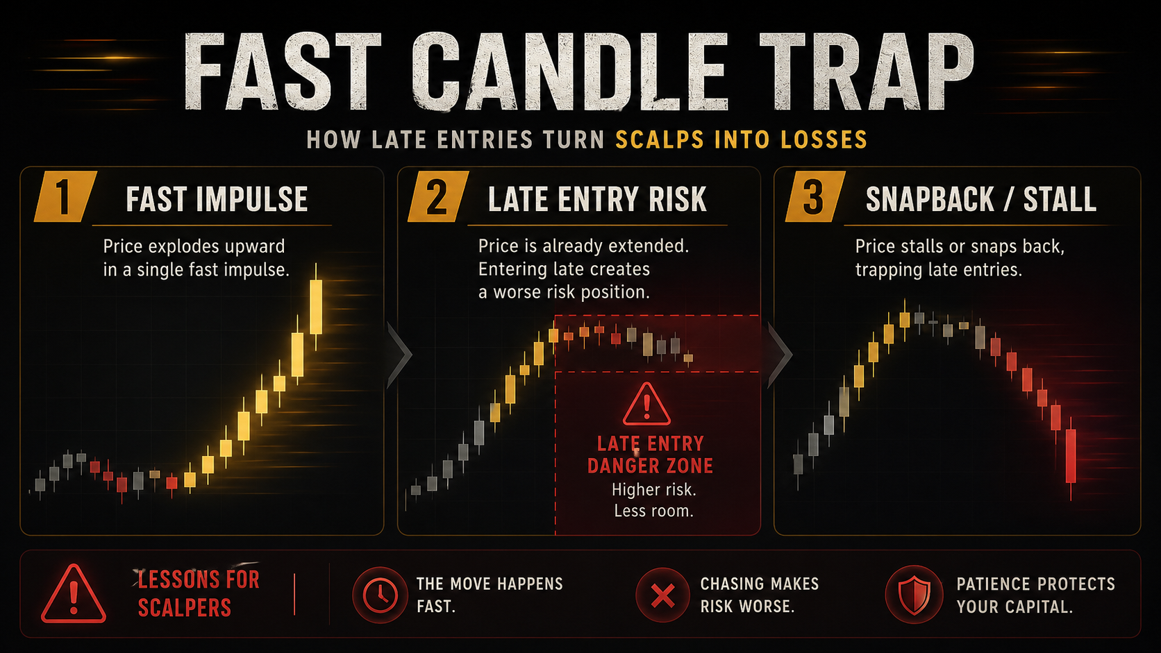 Crypto scalping strategy diagram showing a fast candle trap with impulse movement, late entry risk, and price snapback.