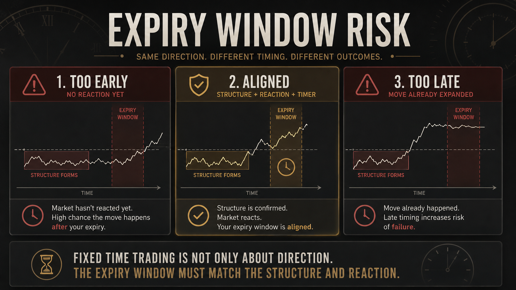 Expiry Window Risk Fixed time trading strategy diagram showing expiry window risk with early entry, aligned reaction, and late entry after the move has expanded.