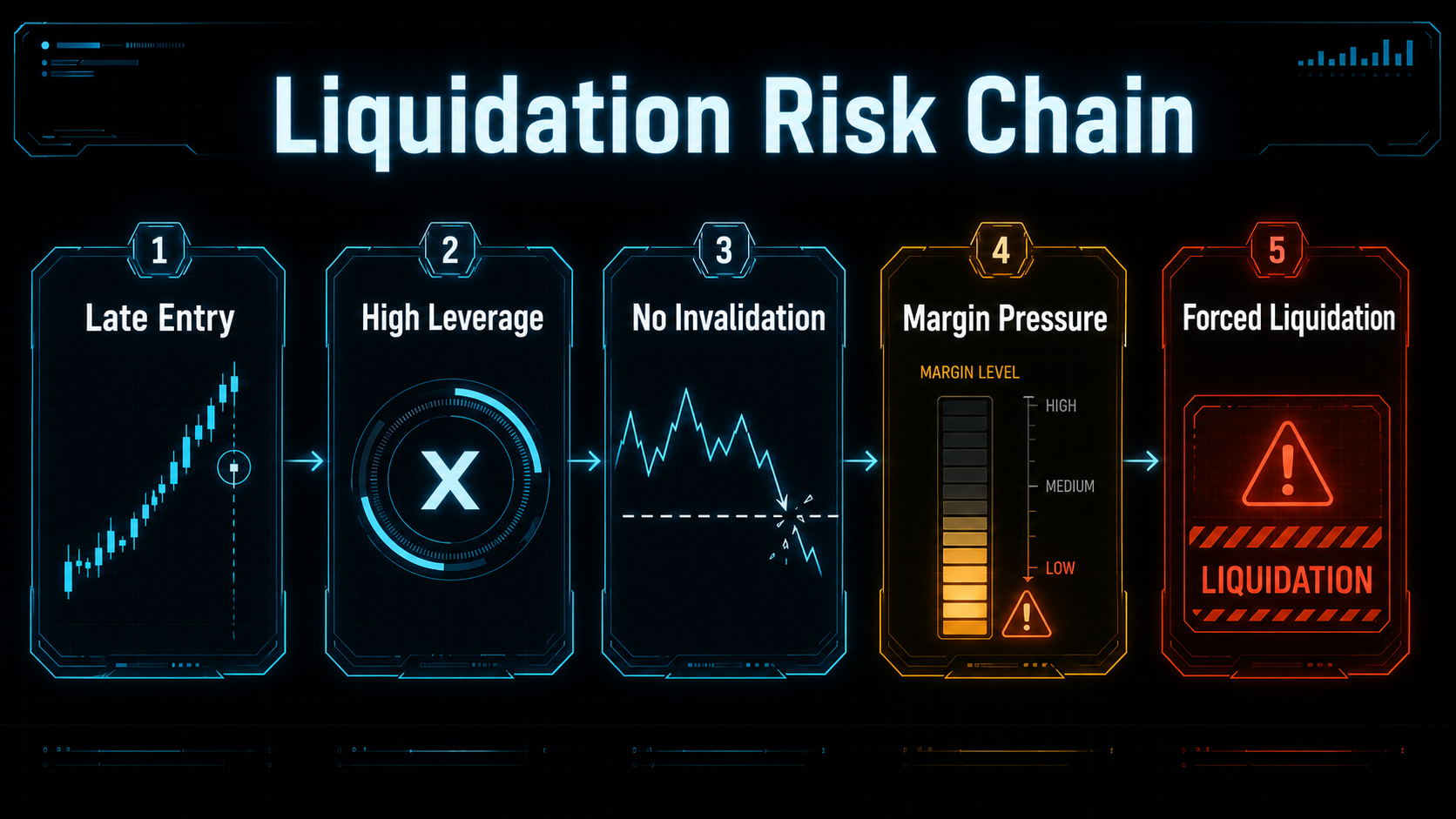 Liquidation risk usually begins before the forced close. It often starts with late entry, high leverage, and no defined invalidation Crypto liquidation risk chain showing late entry, high leverage, no invalidation, margin pressure, and forced liquidation