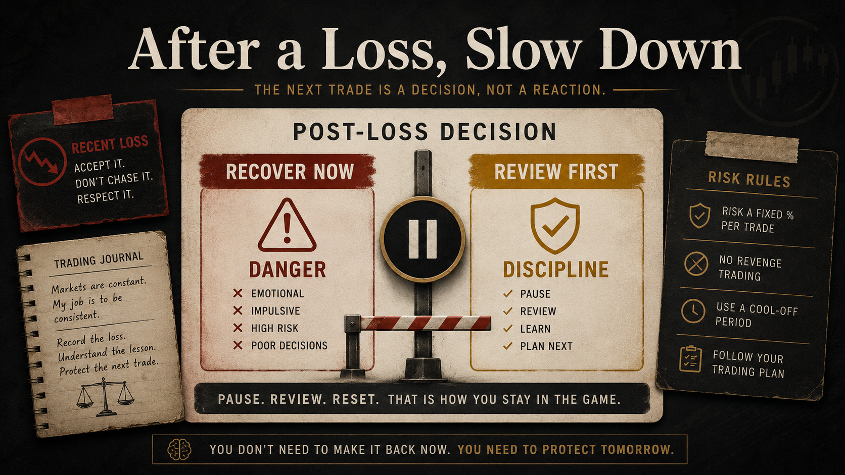 After a Loss, Slow Down Revenge trading crypto risk-control infographic showing why traders should slow down and review before taking another trade after a loss.