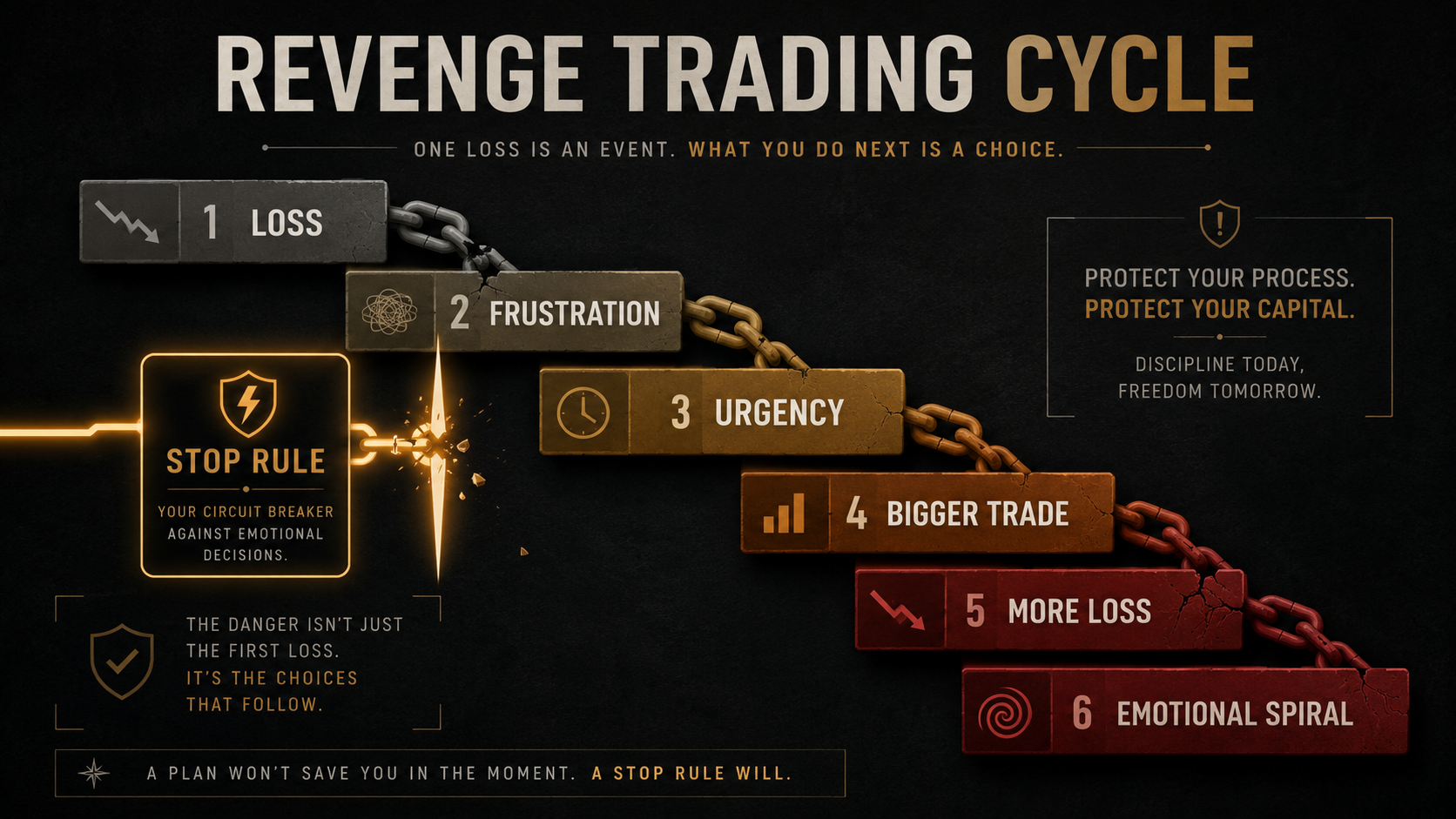 Revenge Trading Cycle Revenge trading crypto cycle diagram showing loss, frustration, urgency, bigger trade, more loss, emotional spiral, and a stop rule