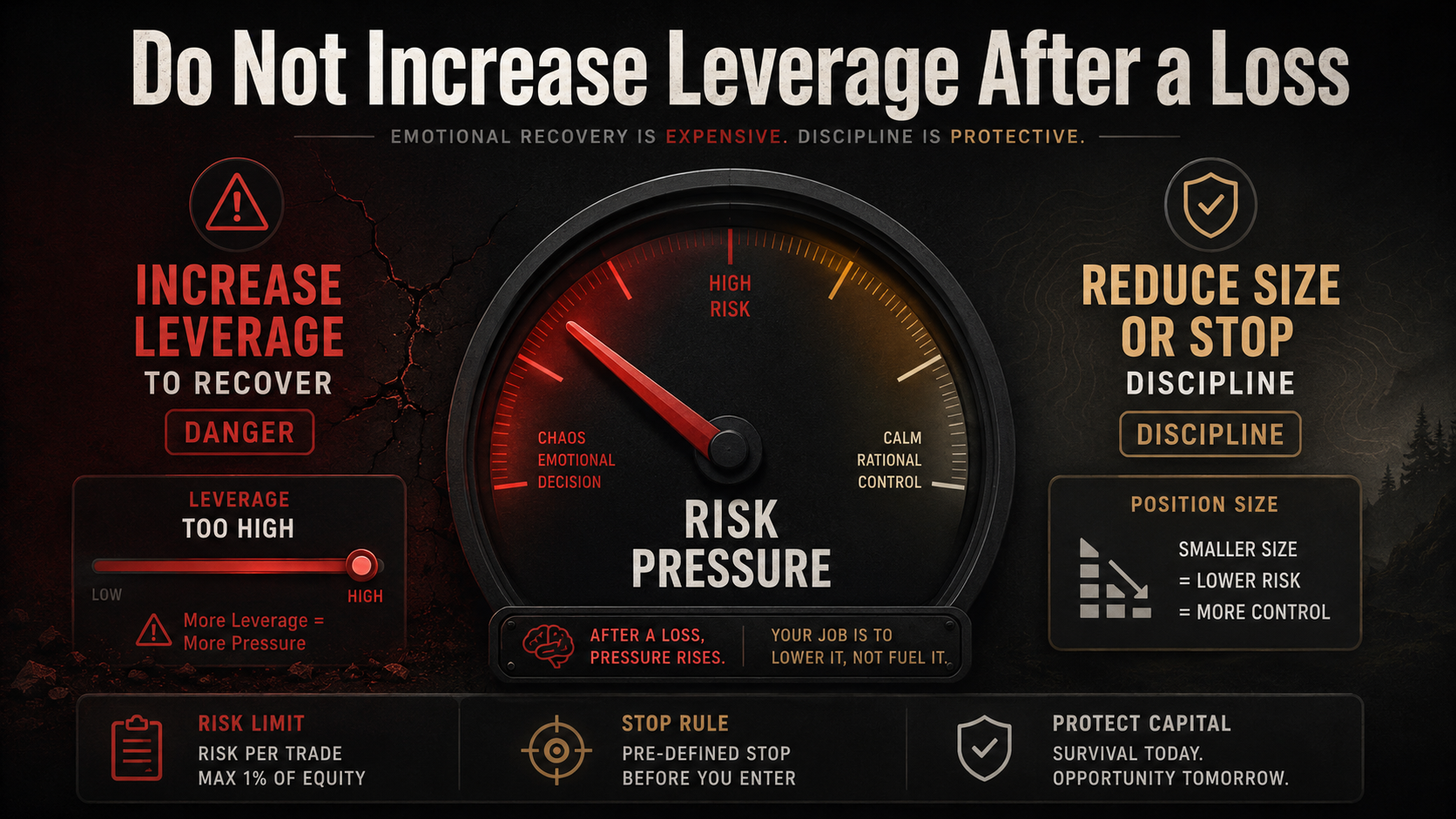 Do Not Increase Leverage After a Loss Revenge trading crypto leverage risk diagram showing the danger of increasing leverage after a loss and the discipline of reducing size or stopping.