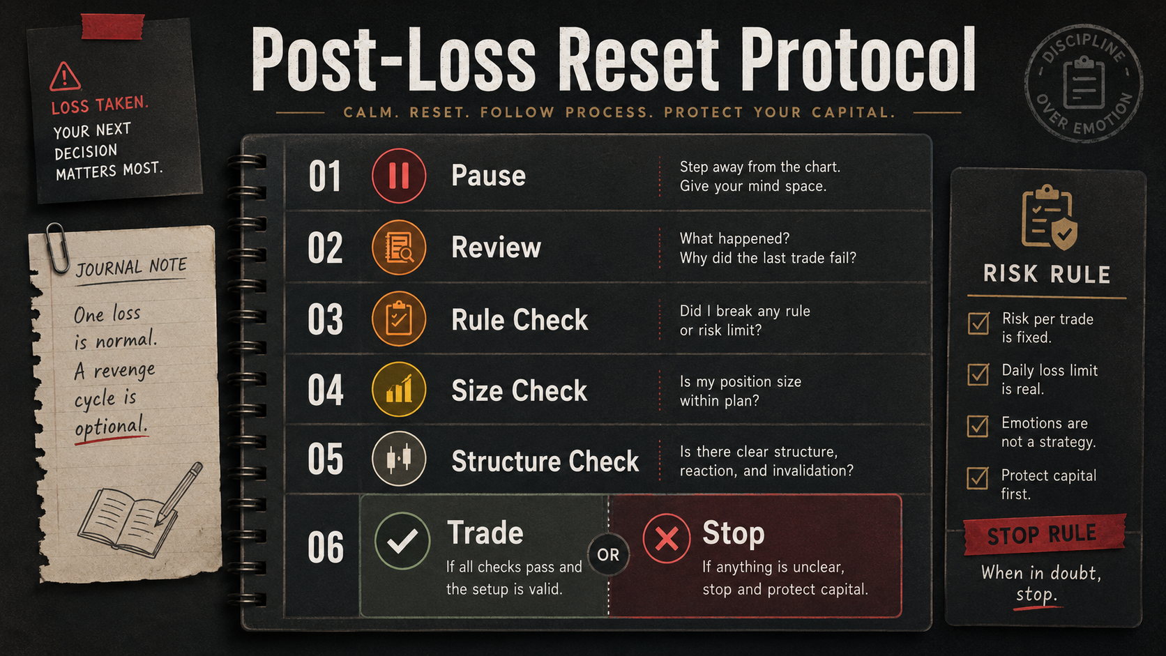 Post-Loss Reset Protocol Revenge trading crypto post-loss reset protocol showing pause, review, rule check, size check, structure check, and trade or stop decision.